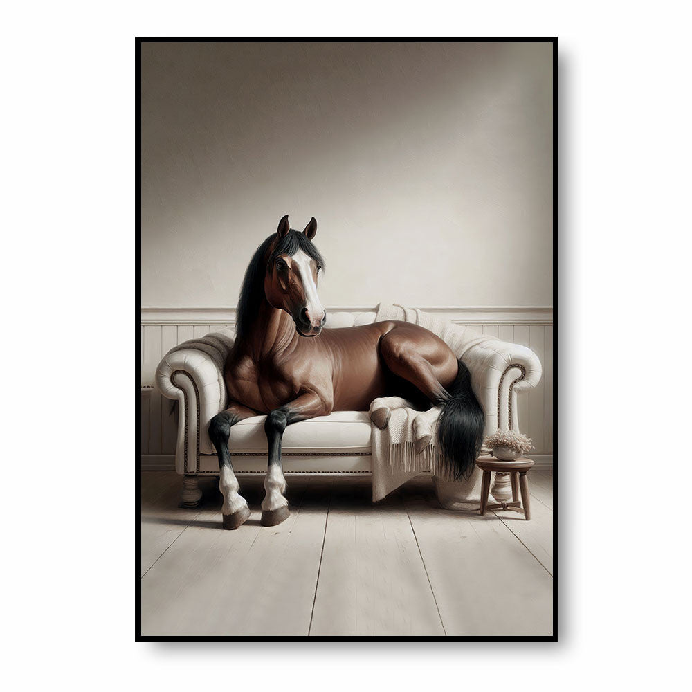 Chic Horse Lounging on Sofa Canvas Wall Art – Funny Animal Wall Art