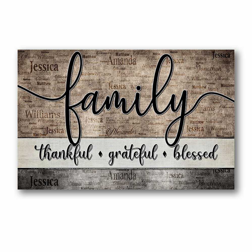 Personalized Family - Thankful, Grateful, Blessed Names On Background Canvas Wall Art – Christian Wall Decor
