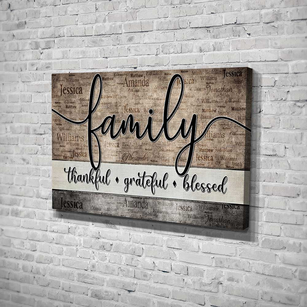 Personalized Family - Thankful, Grateful, Blessed Names On Background Canvas Wall Art – Christian Wall Decor