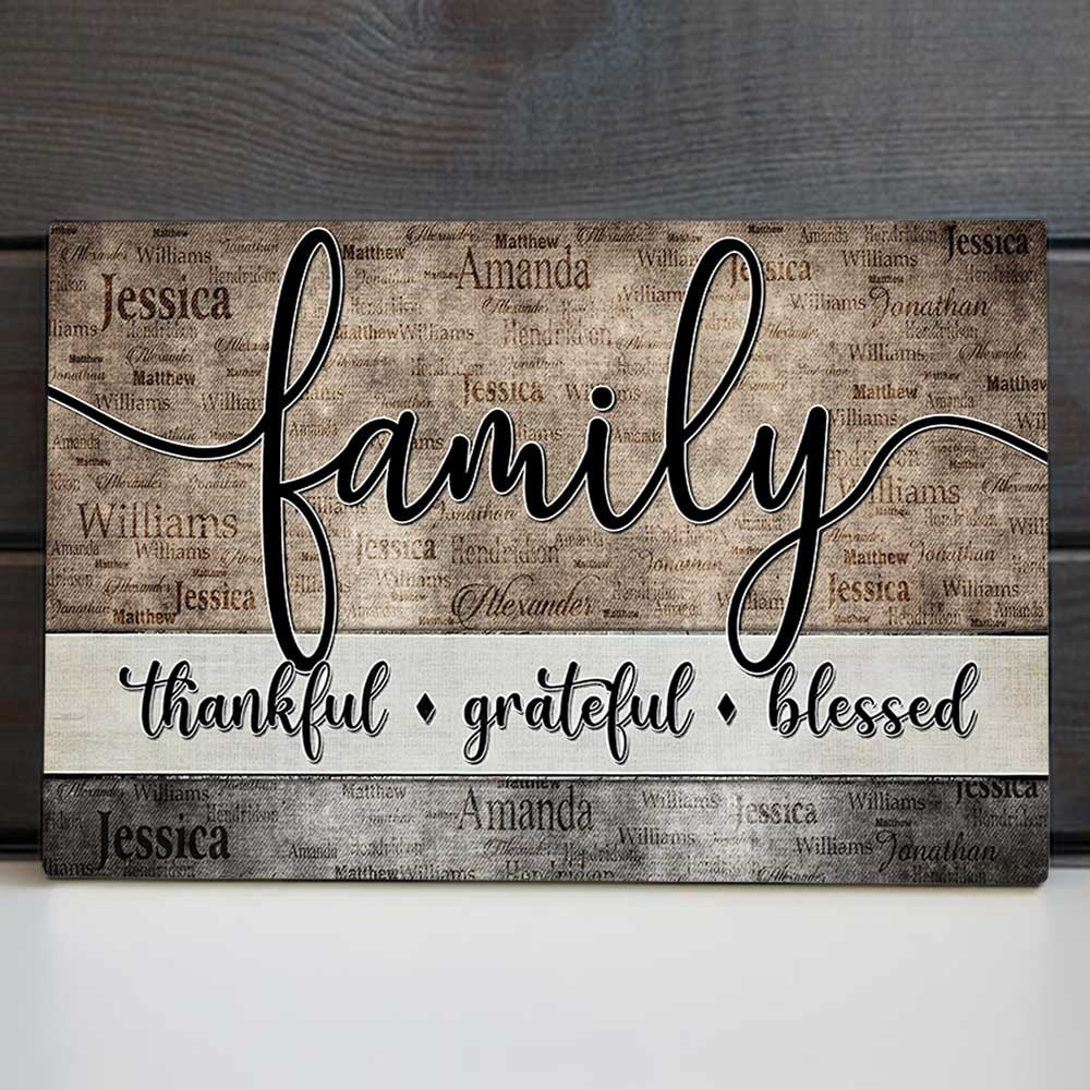 Personalized Family - Thankful, Grateful, Blessed Names On Background Canvas Wall Art – Christian Wall Decor
