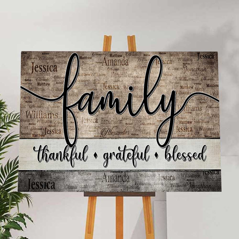 Personalized Family - Thankful, Grateful, Blessed Names On Background Canvas Wall Art – Christian Wall Decor