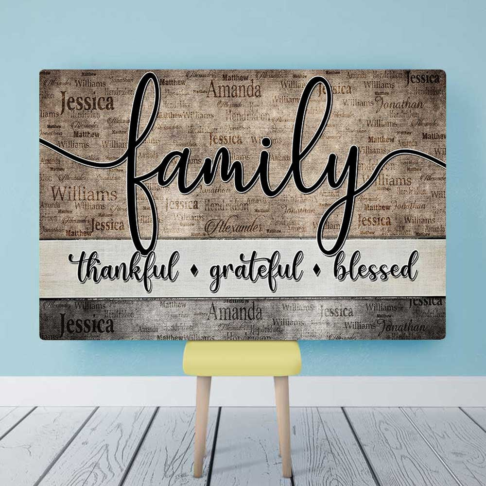 Personalized Family - Thankful, Grateful, Blessed Names On Background Canvas Wall Art – Christian Wall Decor