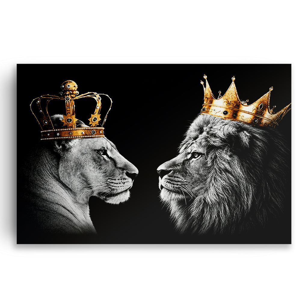 King And Queen Lions Gold Crown Canvas – Dramatic Couple Wall Art