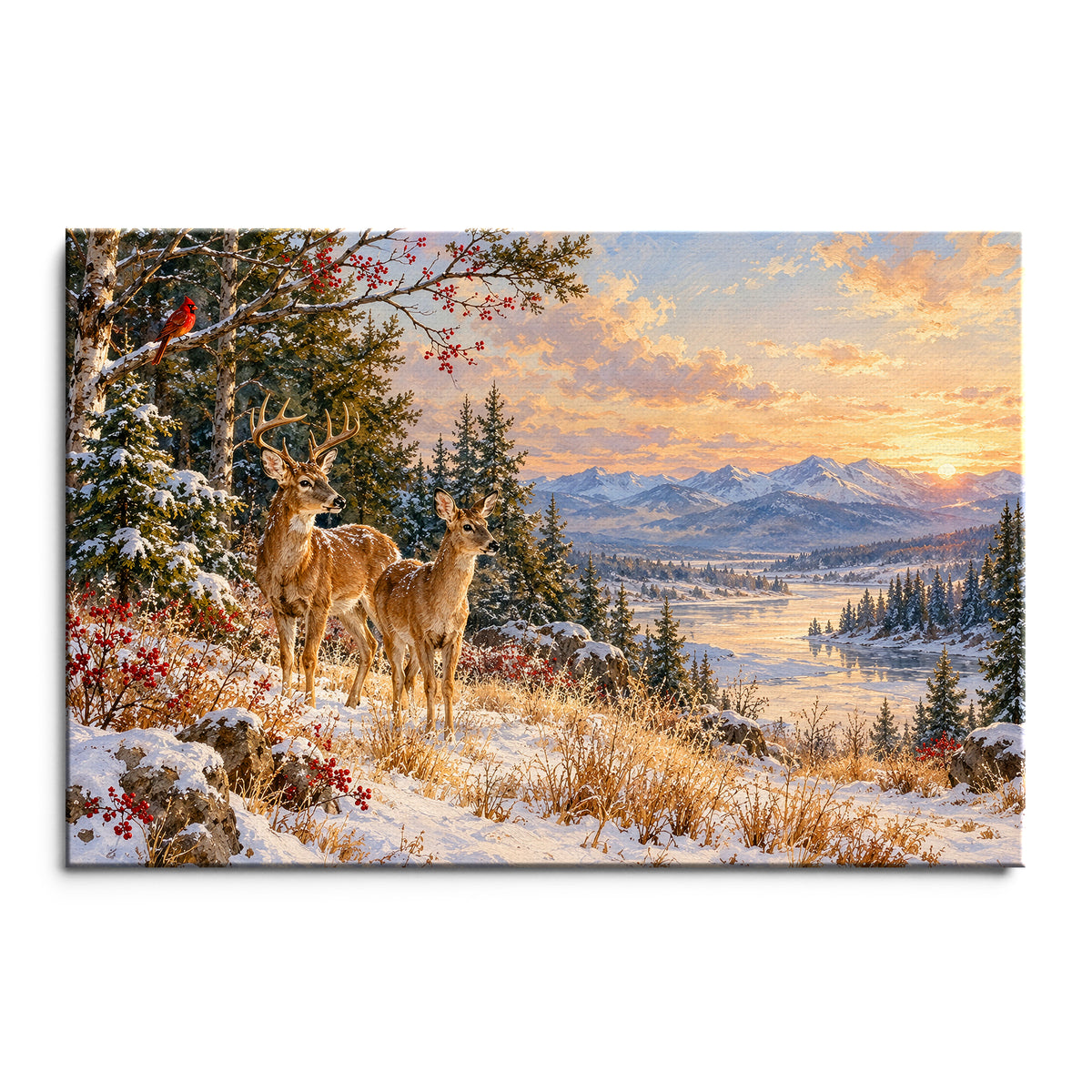 Deer in First Snow Wall Art, Winter Mountain Sunset Landscape Print, Canvas or Poster