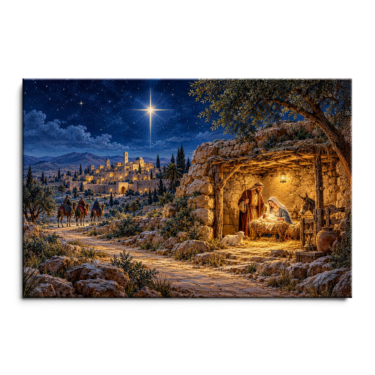 Nativity Scene Wall Art, Star of Bethlehem Christmas Print, Canvas or Poster