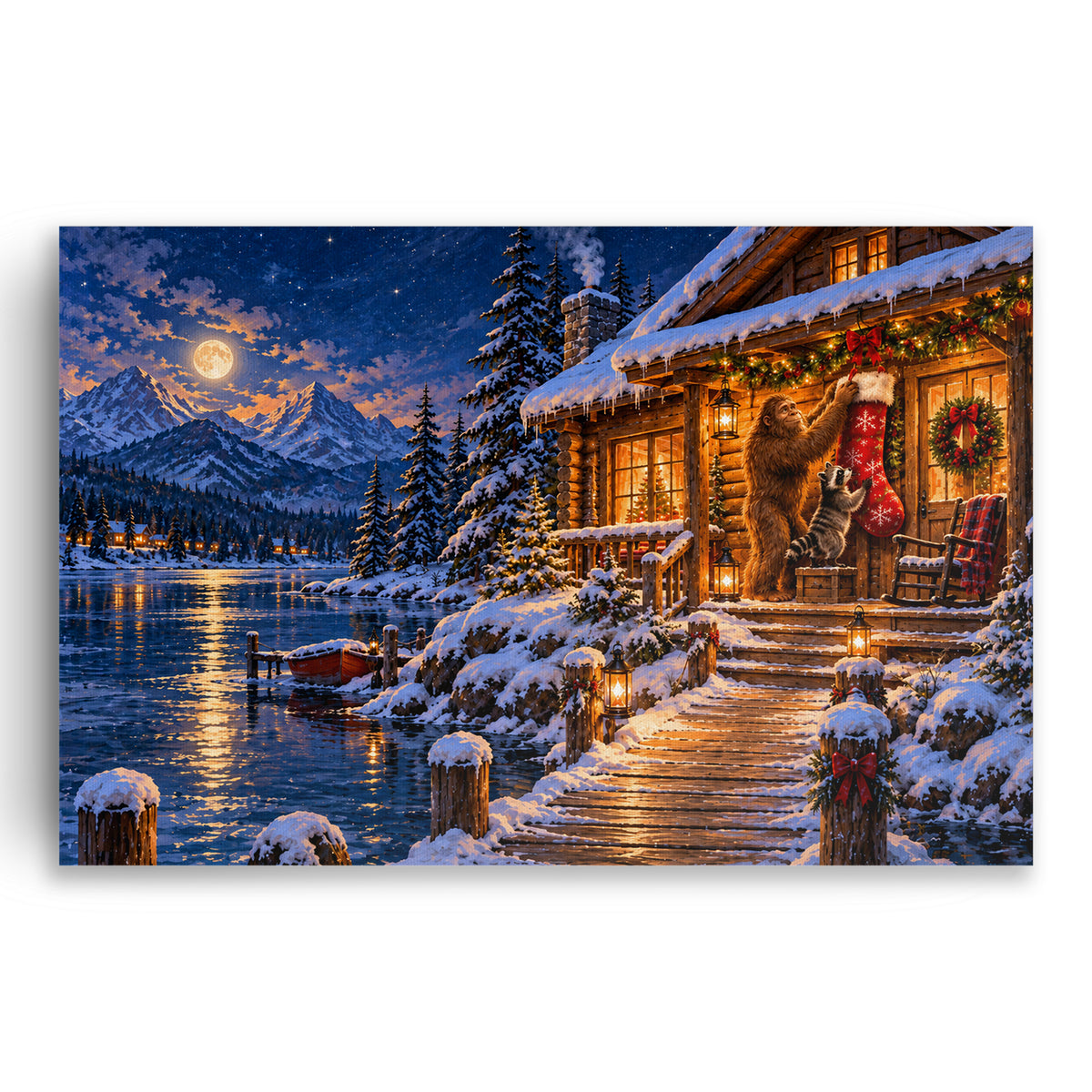 Bigfoot Christmas Cabin Wall Art, Sasquatch and Raccoon Snowy Lake Night Print, Canvas or Poster