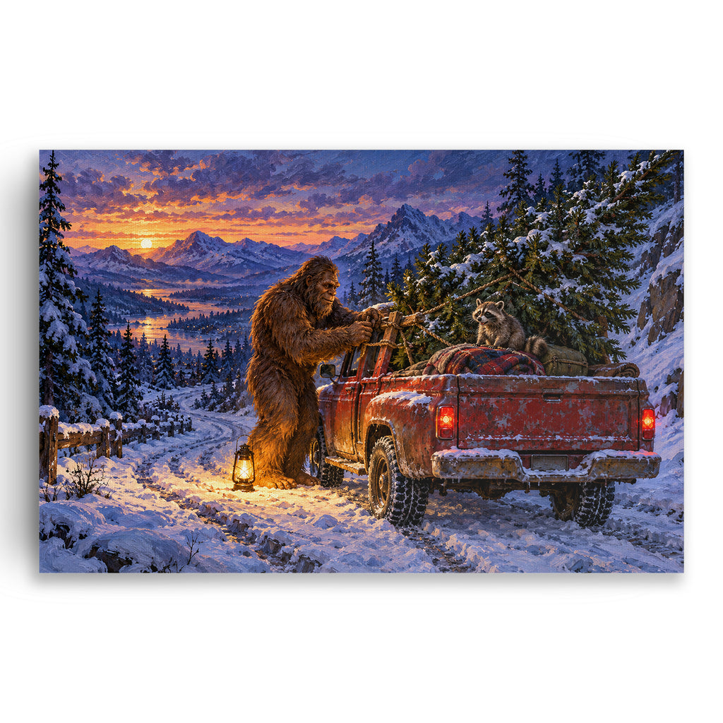 Bigfoot Christmas Tree Truck Wall Art, Sasquatch and Raccoon Snowy Mountain Print, Canvas or Poster