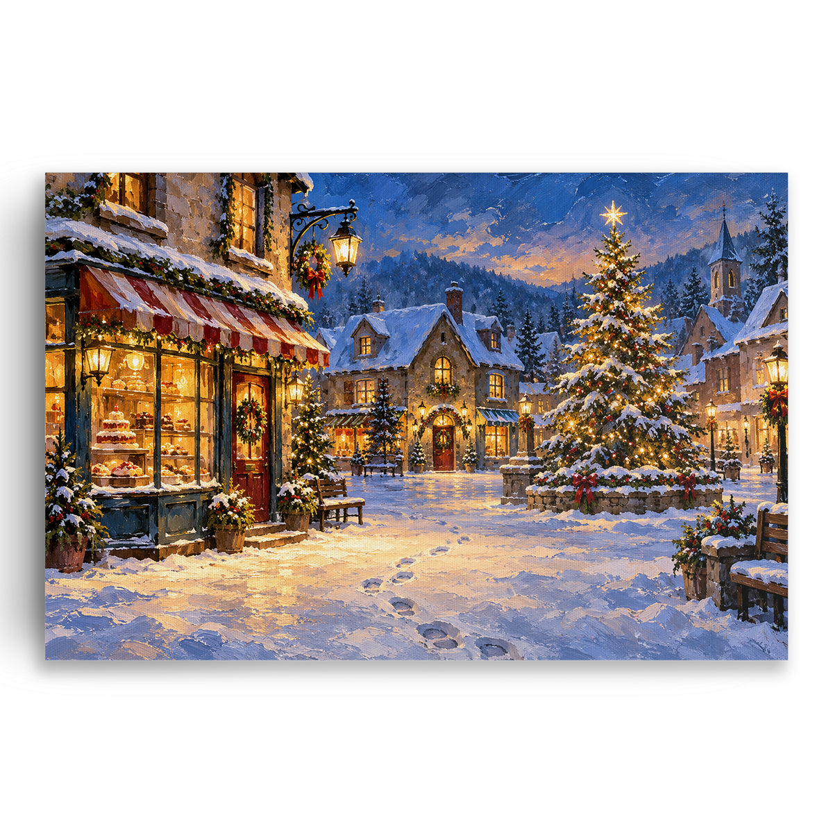 Snowy Christmas Village Wall Art, Winter Town Square Tree Print, Canvas or Poster