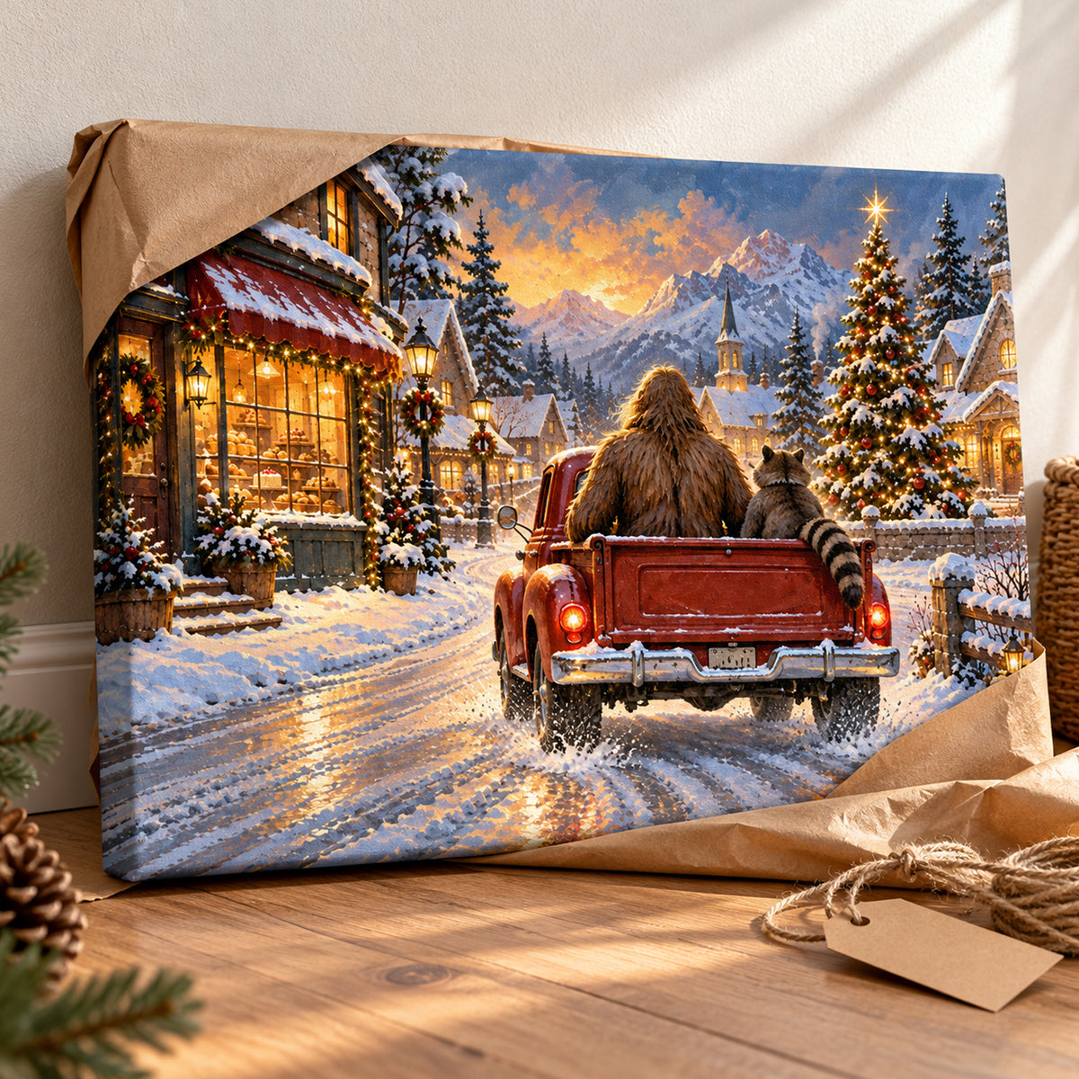 Bigfoot Red Truck Christmas Wall Art, Sasquatch and Raccoon Snowy Village Print, Canvas or Poster