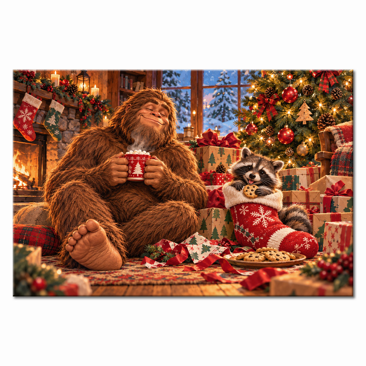 Bigfoot Christmas Morning Wall Art, Sasquatch Hot Cocoa and Raccoon Print, Canvas or Poster