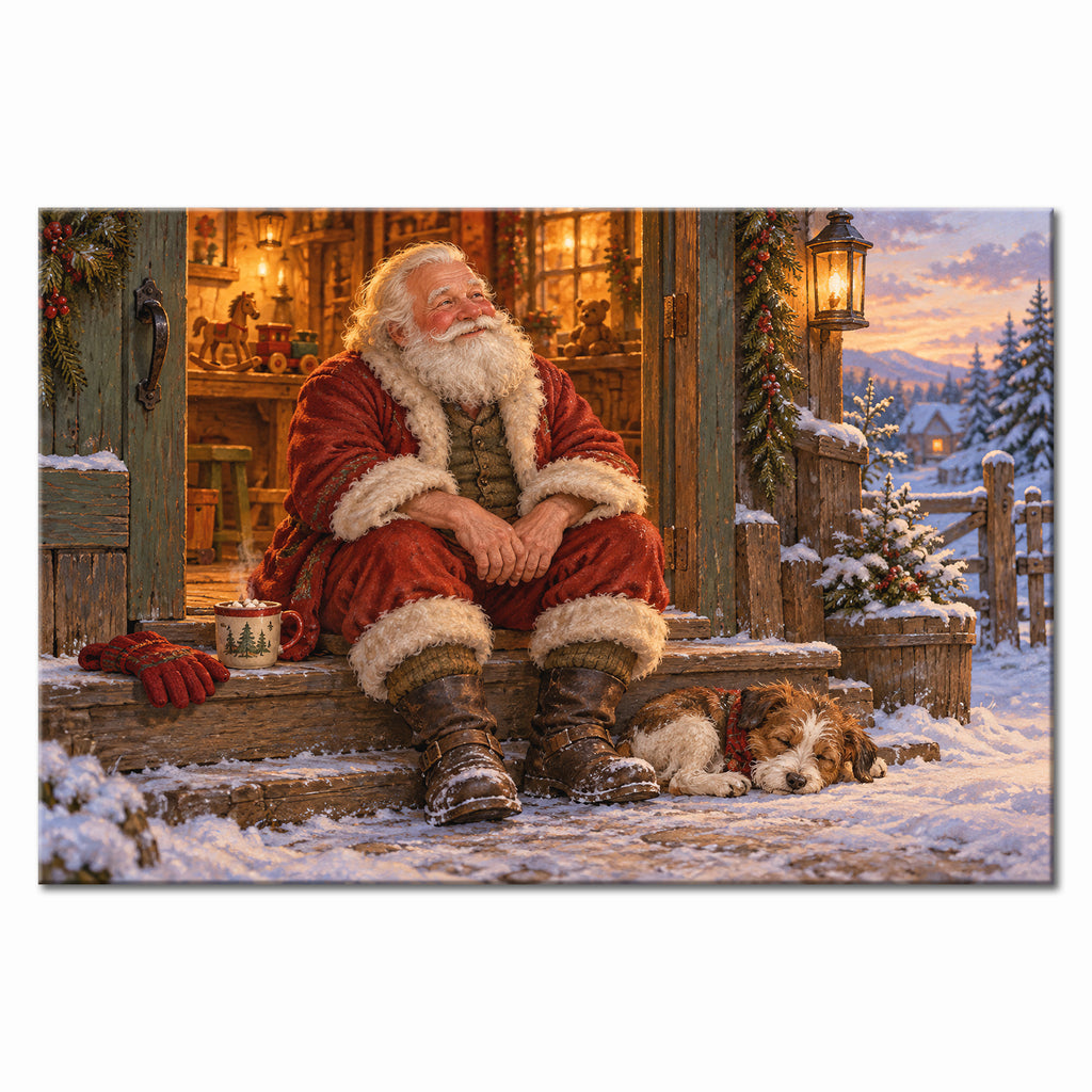 Santa Claus on Porch Wall Art, Cozy Christmas Santa and Puppy Print, Canvas or Poster