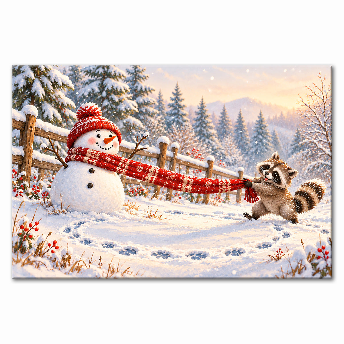 Snowman and Raccoon Wall Art, Funny Winter Scarf Tug of War Print, Canvas or Poster