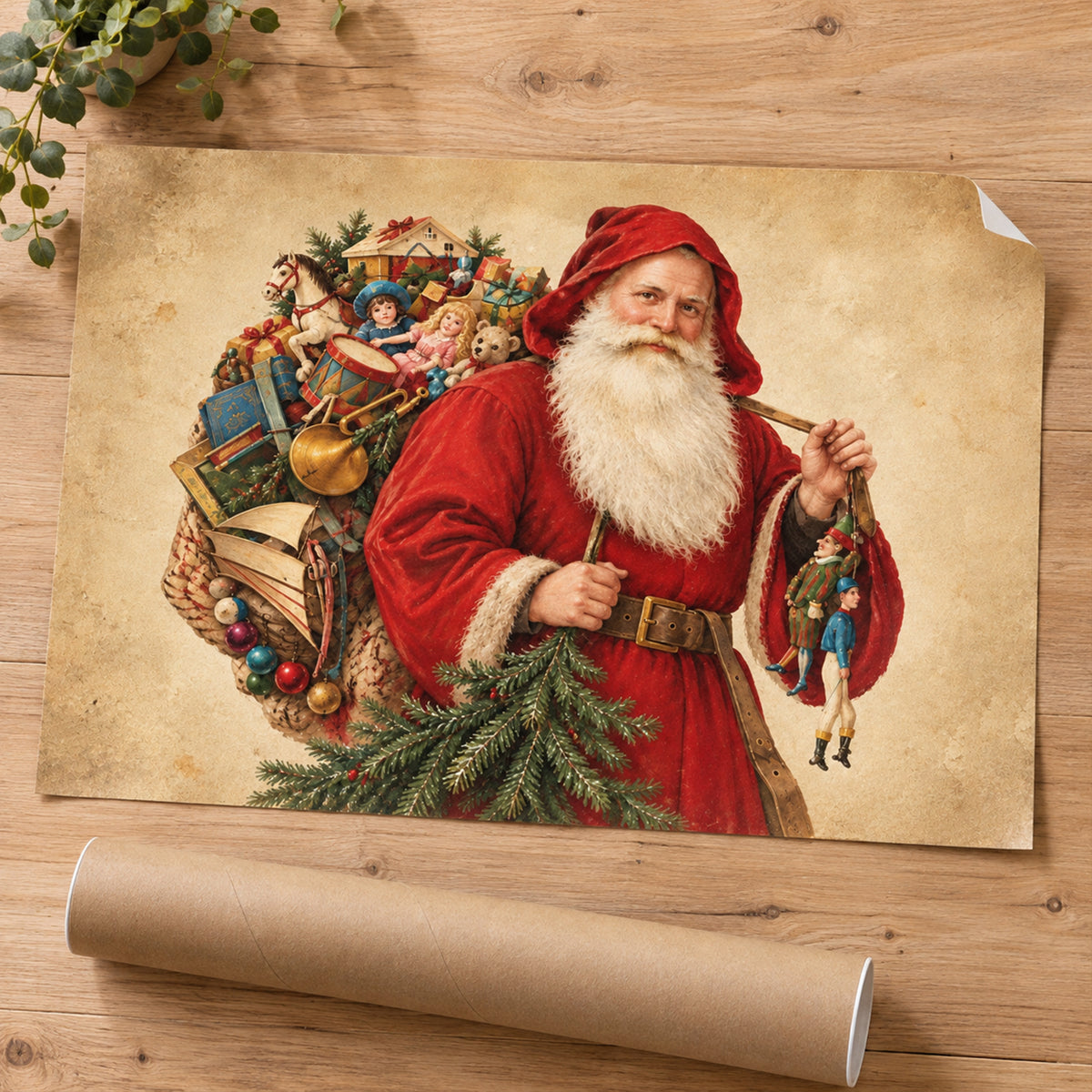 Vintage Santa With Toy Sack and Evergreen Branch — Vintage-Santa-With-Toy-Sack-and-Evergreen-Branch-mk-8.jpg