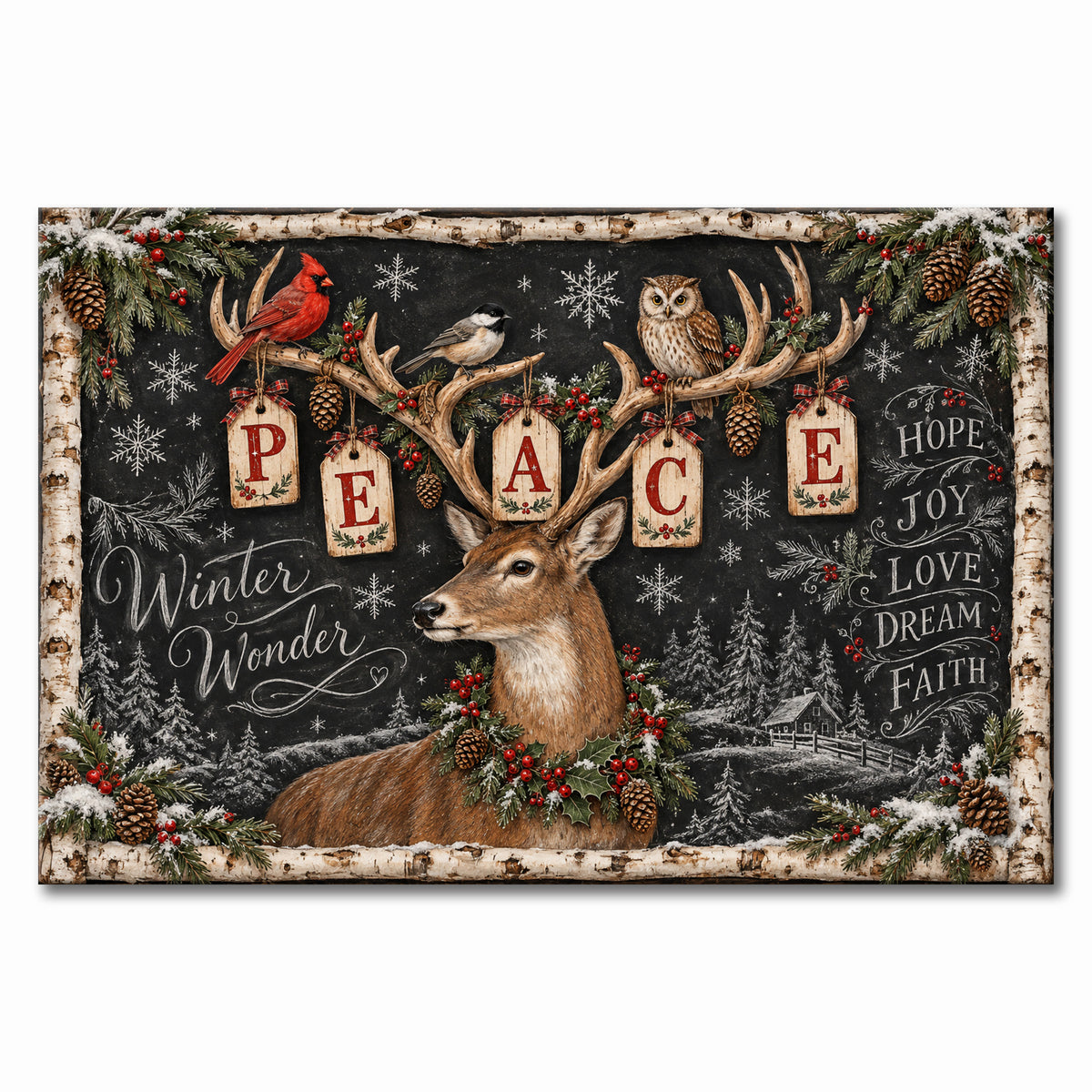 Peace Reindeer Christmas Wall Art, Rustic Chalkboard Deer Holiday Sign Print, Canvas or Poster