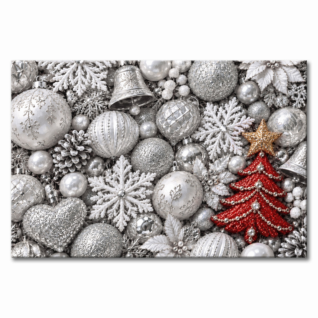 Silver Christmas Ornaments Wall Art, Red Christmas Tree Holiday Print, Canvas or Poster