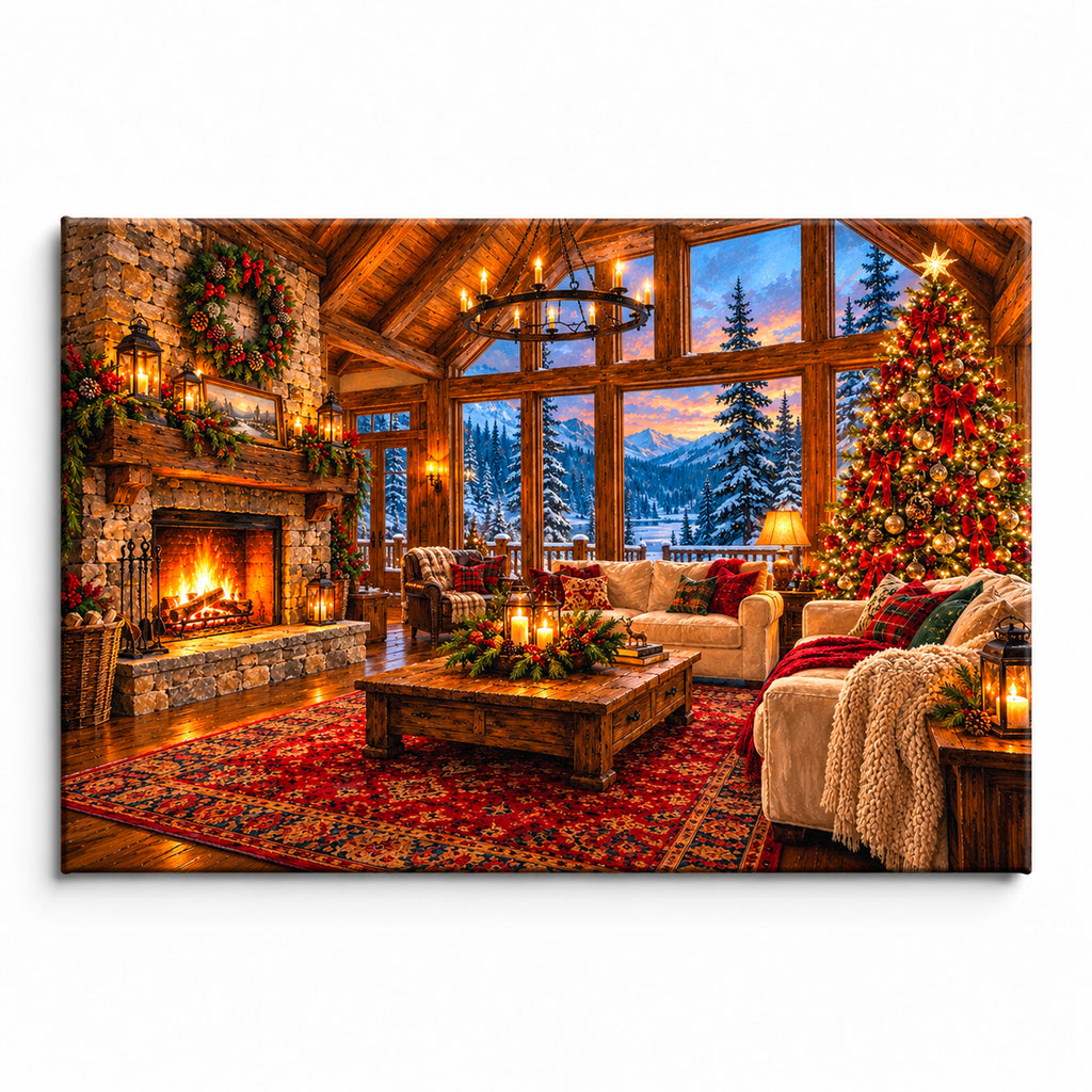 Christmas Mountain Lodge Wall Art, Cozy Cabin Living Room Holiday Print, Canvas or Poster