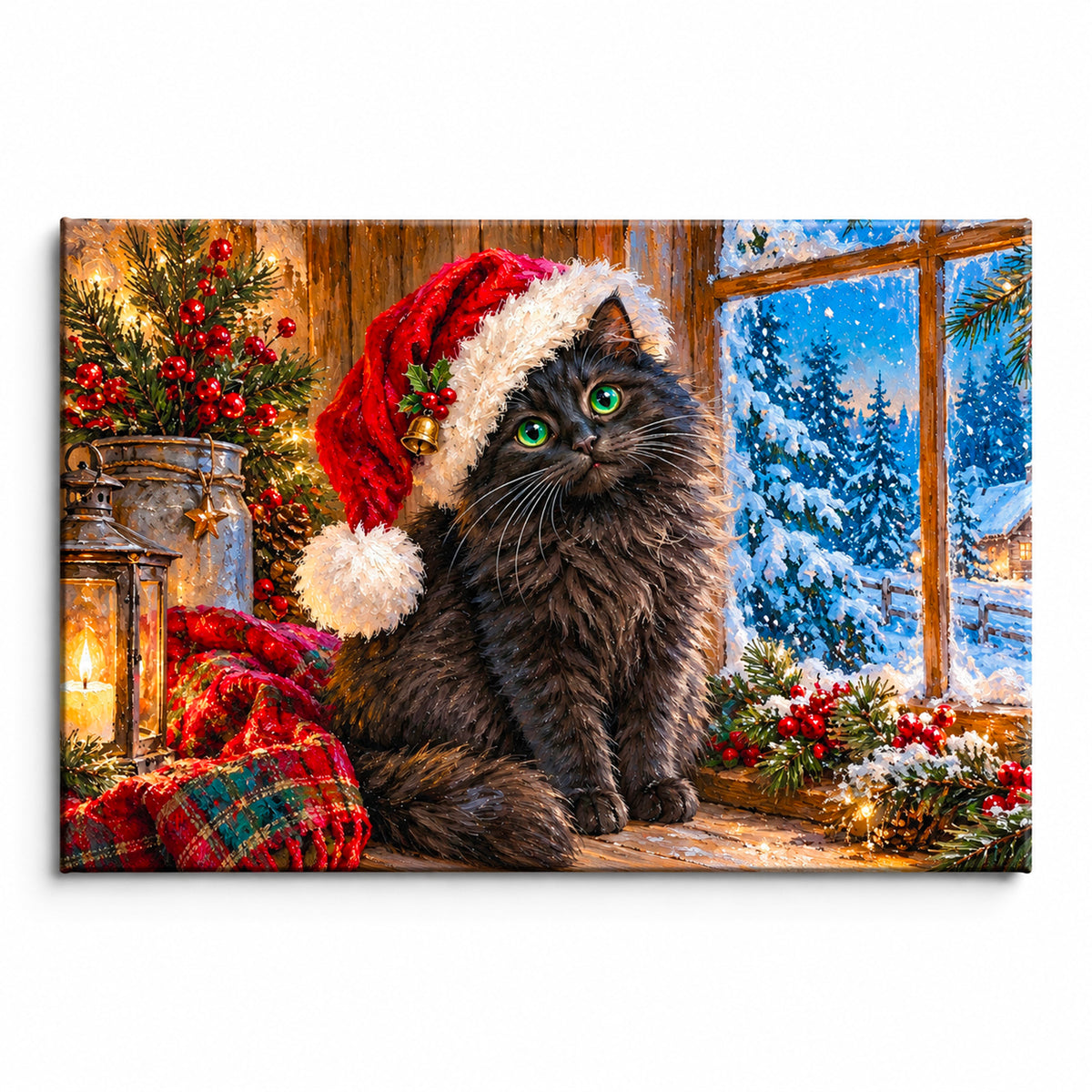 Black Cat Santa Hat Wall Art, Christmas Cat by Snowy Window Print, Cat Lover Gift, Canvas or Poster
