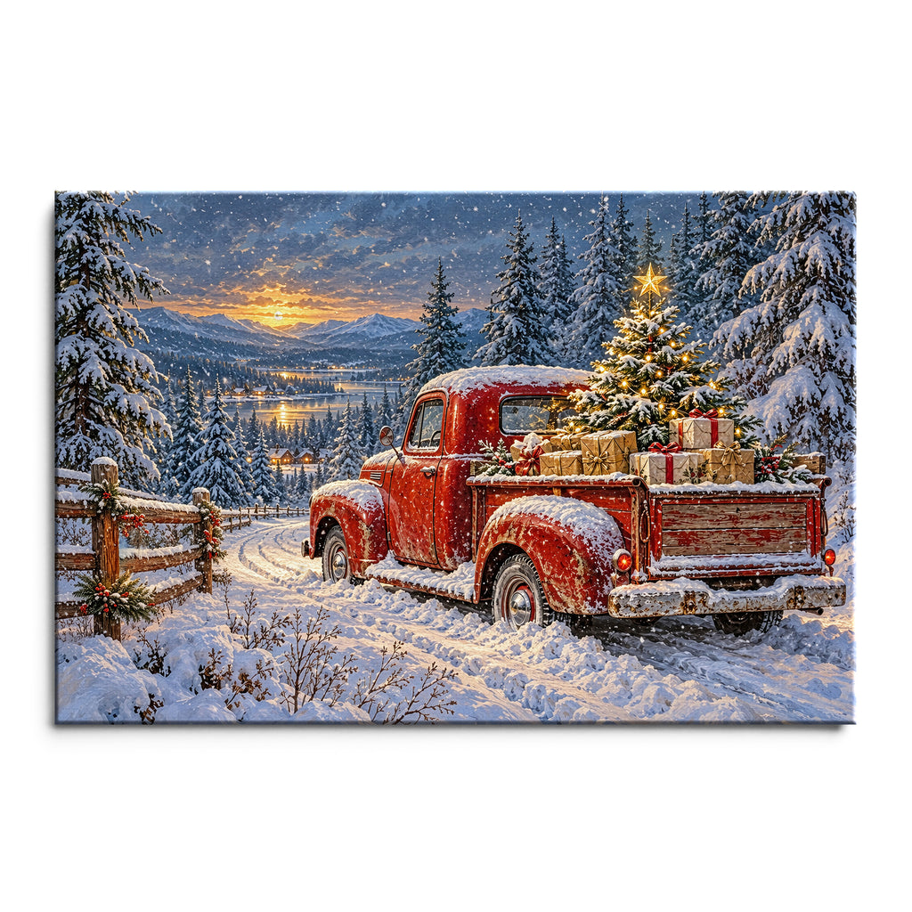 Vintage Red Truck Christmas Tree Wall Art, Snowy Country Road Holiday Print, Canvas or Poster