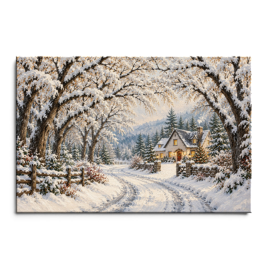 Snowy Country Lane Wall Art, Winter Cottage Landscape Print, Christmas Canvas or Poster