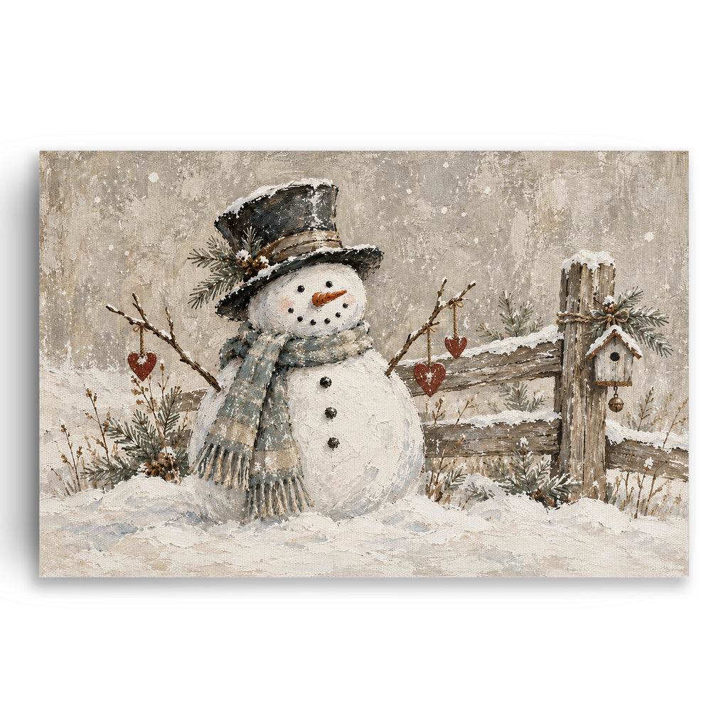 Rustic Snowman Wall Art, Farmhouse Winter Snowman Print, Neutral Christmas Decor, Canvas or Poster