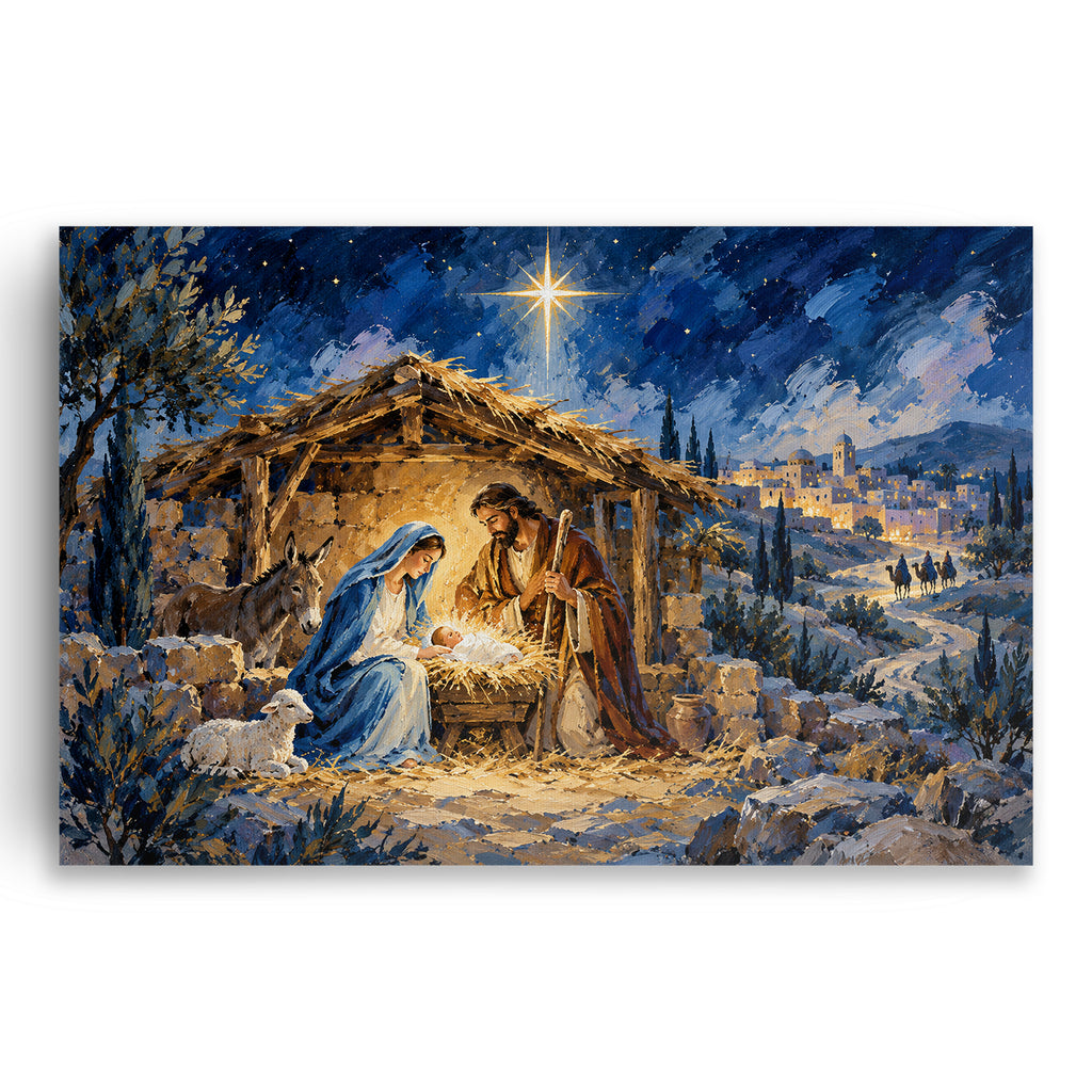 Nativity Painting Wall Art, Holy Night Bethlehem Christmas Print, Canvas or Poster