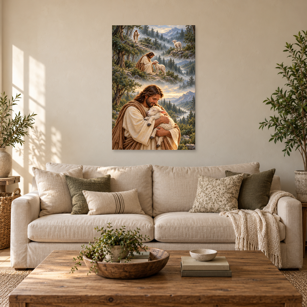 Jesus Good Shepherd Wall Art, Jesus Holding Lamb Christian Print, Canvas or Poster