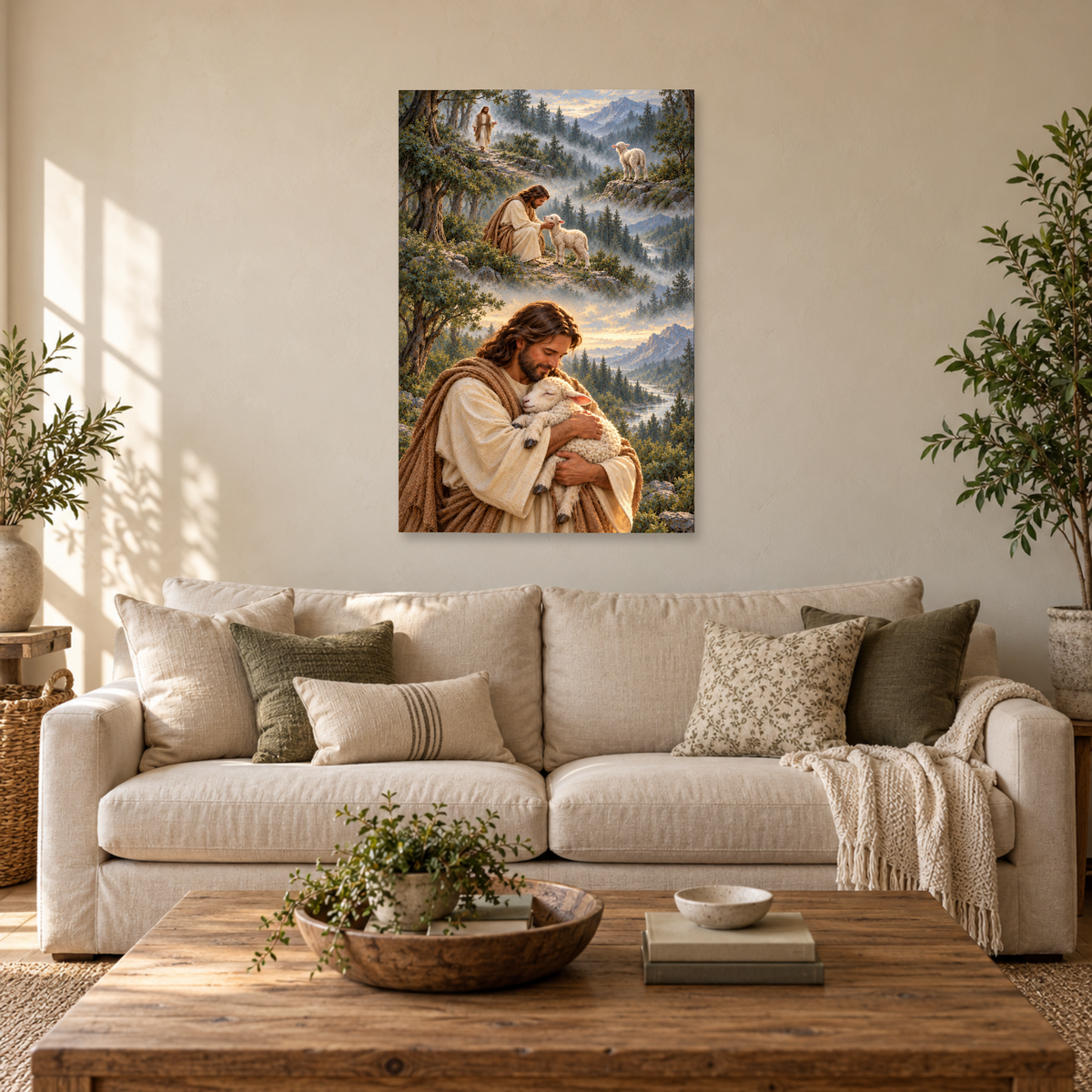 Jesus Good Shepherd Wall Art, Jesus Holding Lamb Christian Print, Canvas or Poster