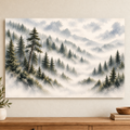 Misty Pine Forest Wall Art, Foggy Mountain Landscape Print, Neutral Nature Decor, Canvas or Poster