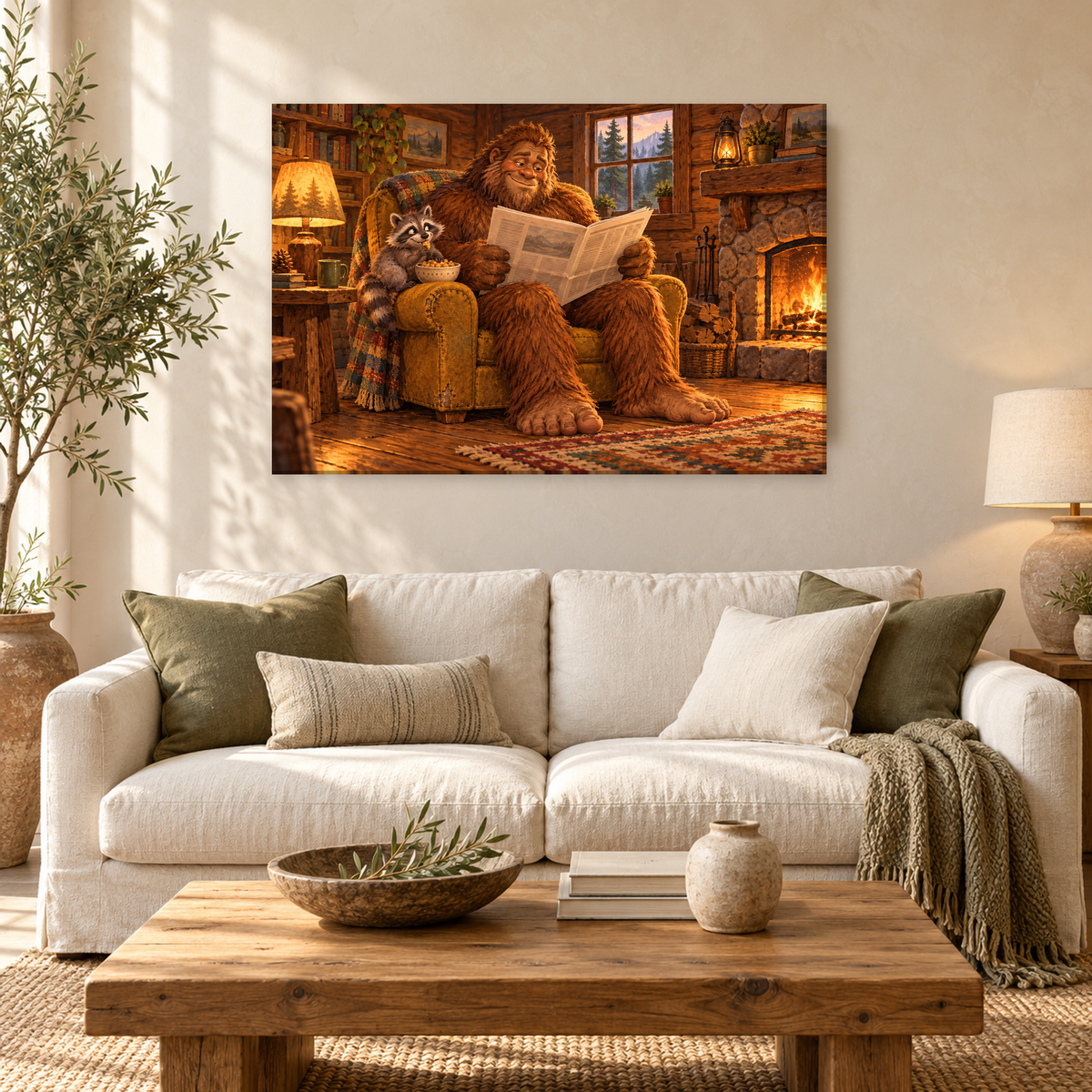 Cozy Bigfoot Cabin Wall Art, Sasquatch and Raccoon Fireplace Print, Canvas or Poster