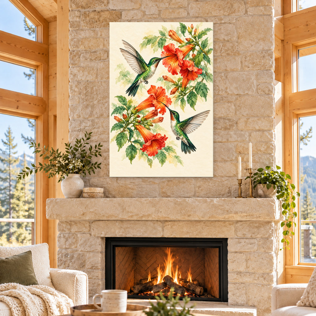 Hummingbird and Red Trumpet Flowers - 04-cabin.jpg