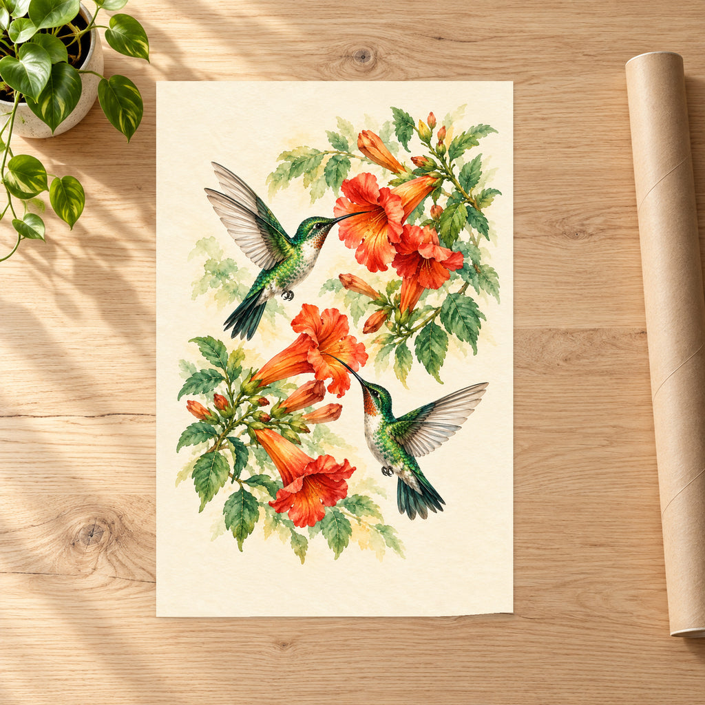 Hummingbird and Red Trumpet Flowers - 07-poster.jpg