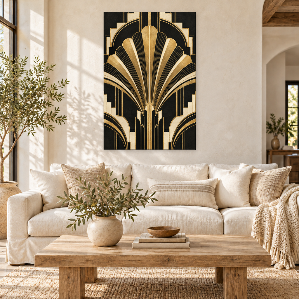 Black and gold Art Deco fan canvas wall art in a bright room