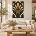 Black and gold Art Deco fan canvas wall art in a bright room