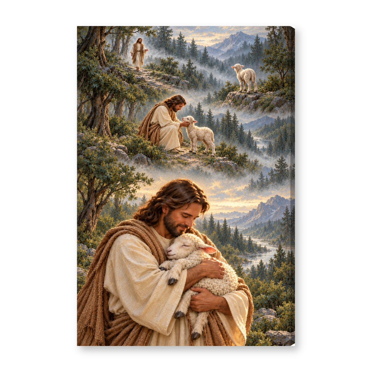 Jesus Good Shepherd holding lamb canvas wall art on white background