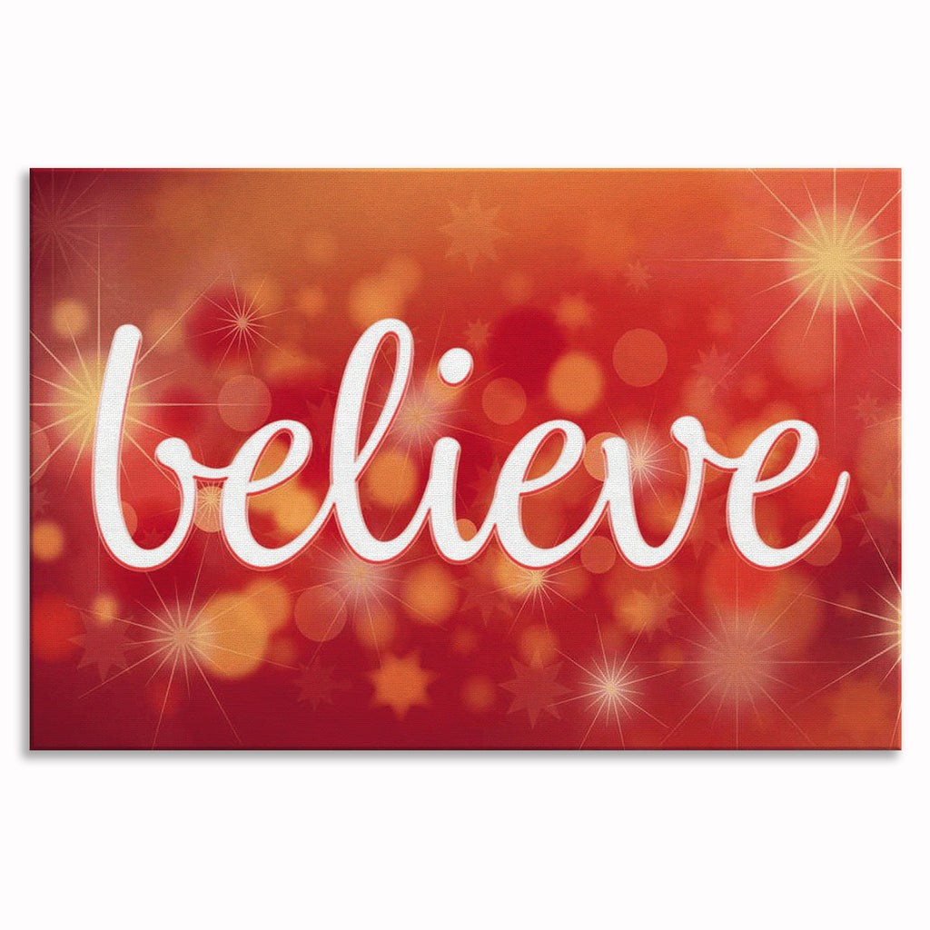 Believe Canvas Wall Art – Red Bokeh Christmas Lights Decor