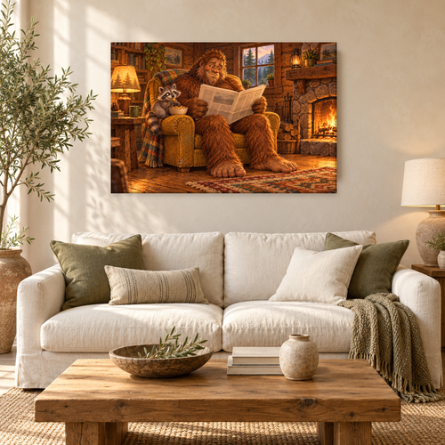 Bigfoot & Raccoon Cozy Cabin canvas wall art — 01 hero cabin soft print