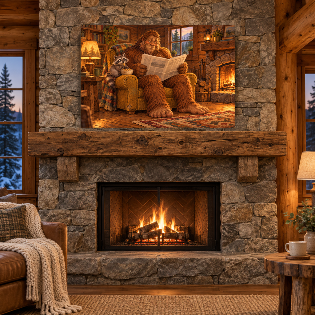 Bigfoot & Raccoon Cozy Cabin canvas wall art — 04 cabin