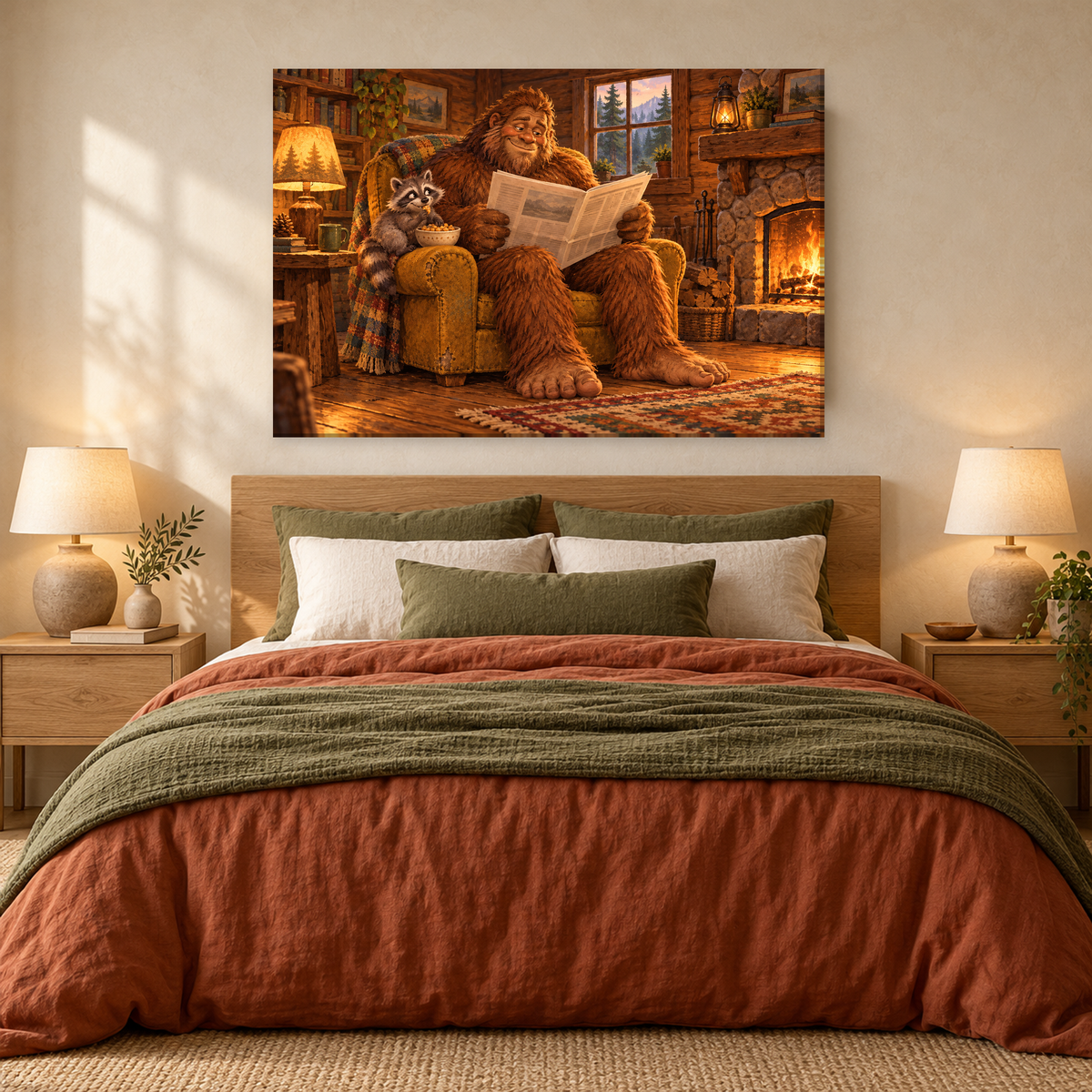 Bigfoot & Raccoon Cozy Cabin canvas wall art — 05 bedroom cabin soft print