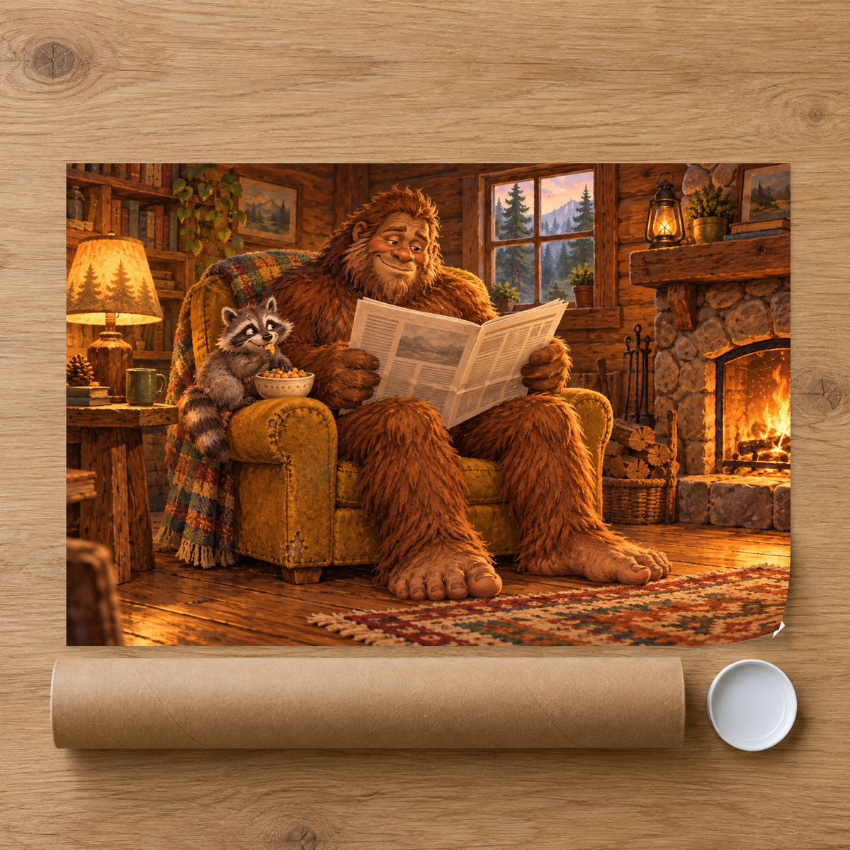 Bigfoot & Raccoon Cozy Cabin canvas wall art — 07 poster