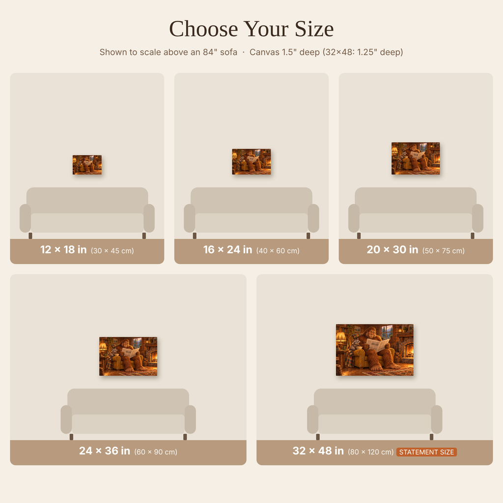 Bigfoot & Raccoon Cozy Cabin canvas wall art — 08 cabin size guide