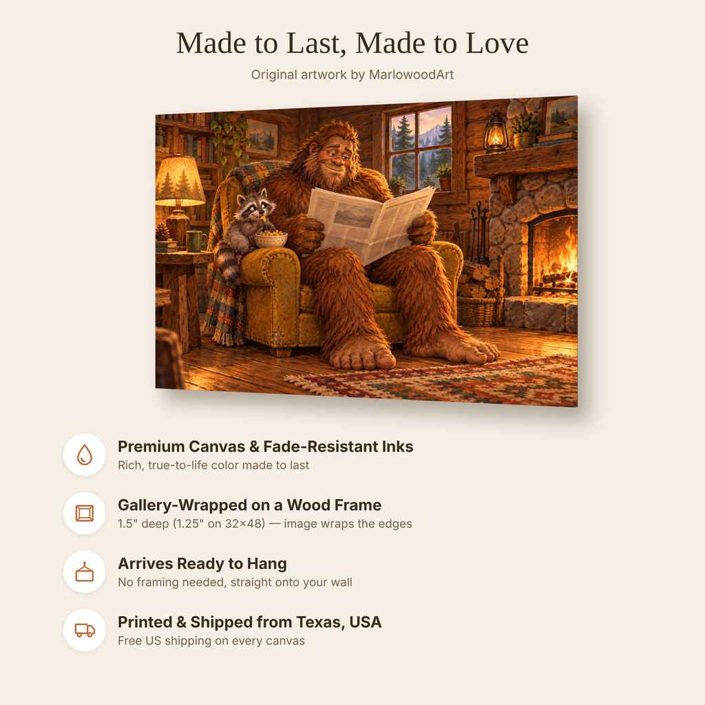 Bigfoot & Raccoon Cozy Cabin canvas wall art — 09 cabin quality