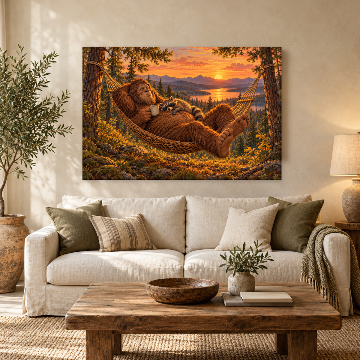 Bigfoot and raccoon relaxing in a hammock at sunset, canvas wall art
