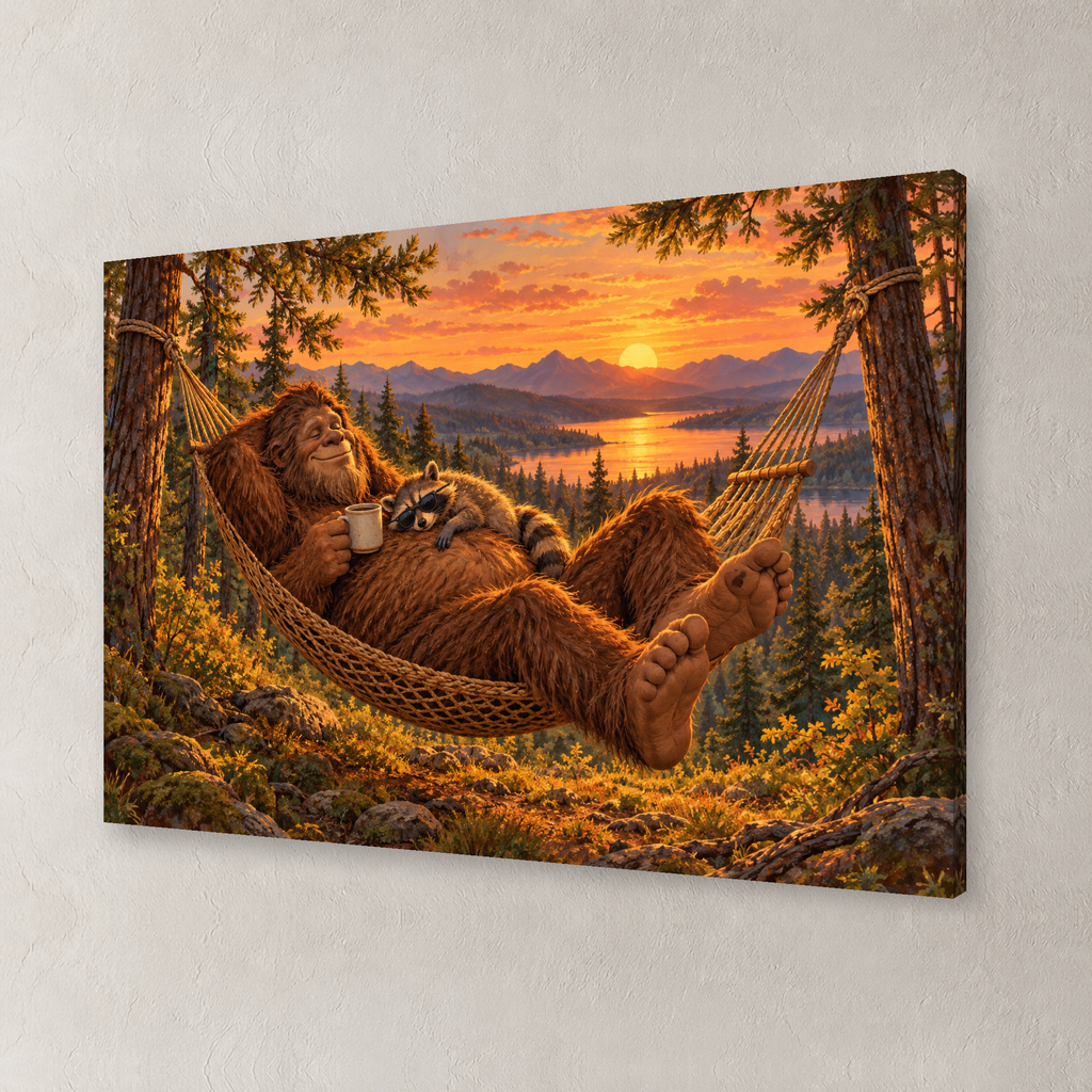 Bigfoot & Raccoon Hammock canvas wall art — 02 angle