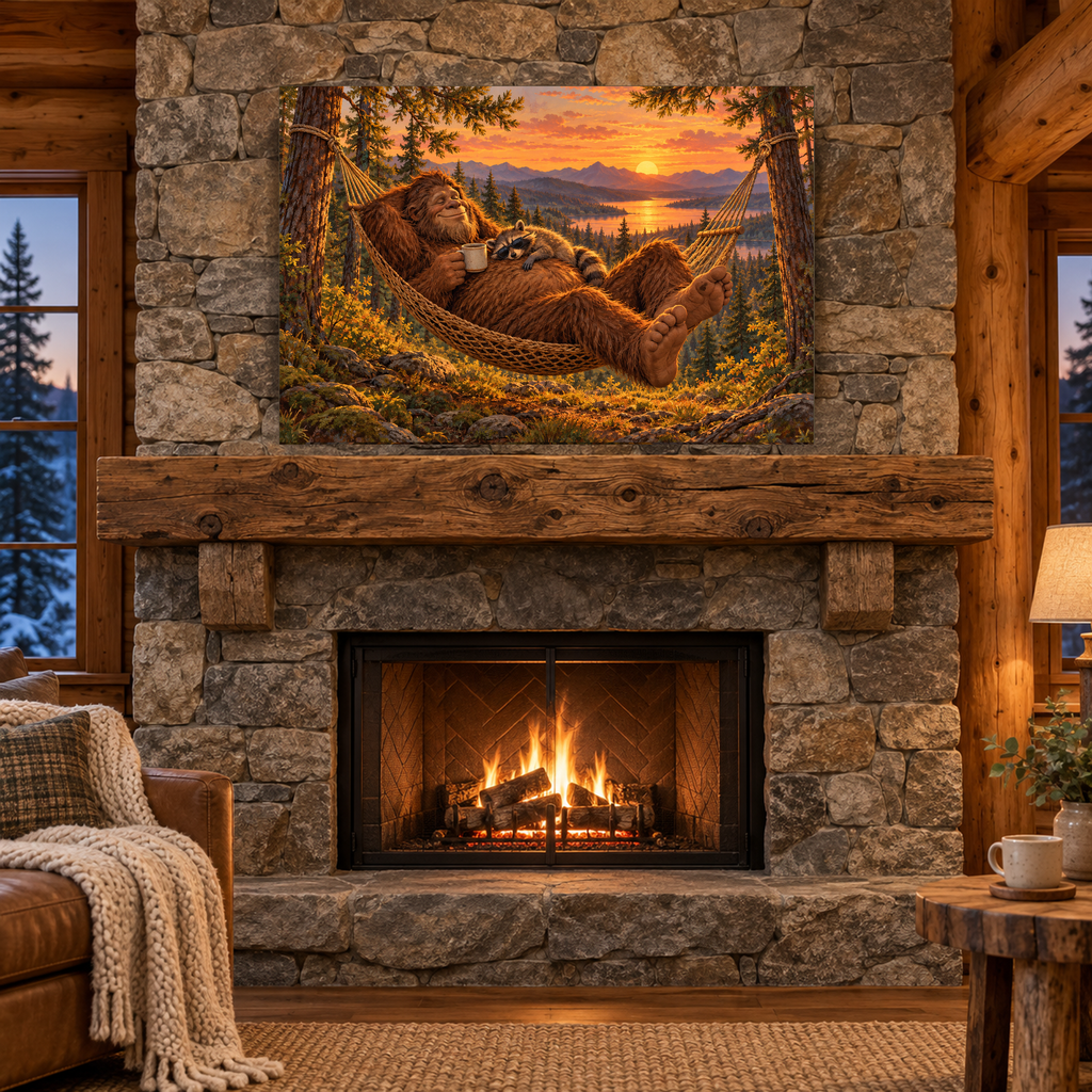 Bigfoot & Raccoon Hammock canvas wall art — 04 cabin