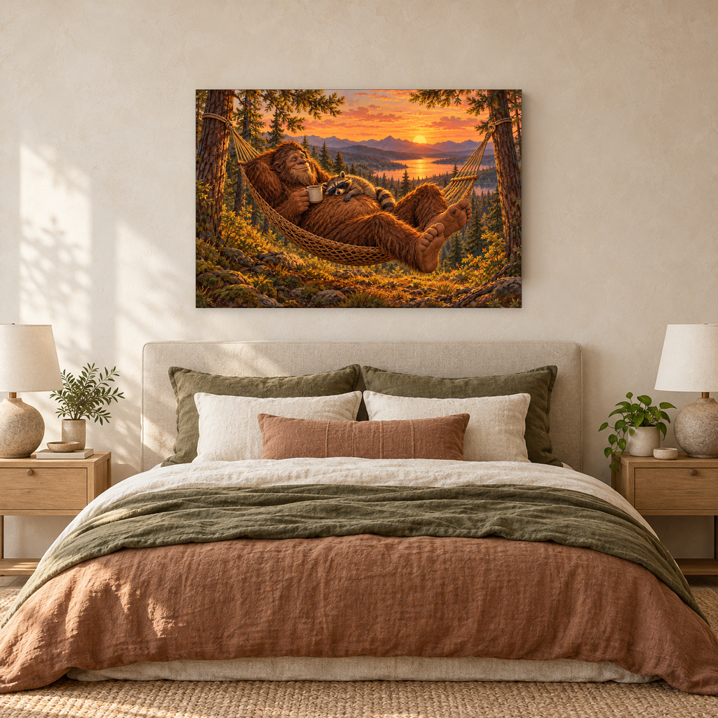 Bigfoot & Raccoon Hammock canvas wall art — 05 bedroom
