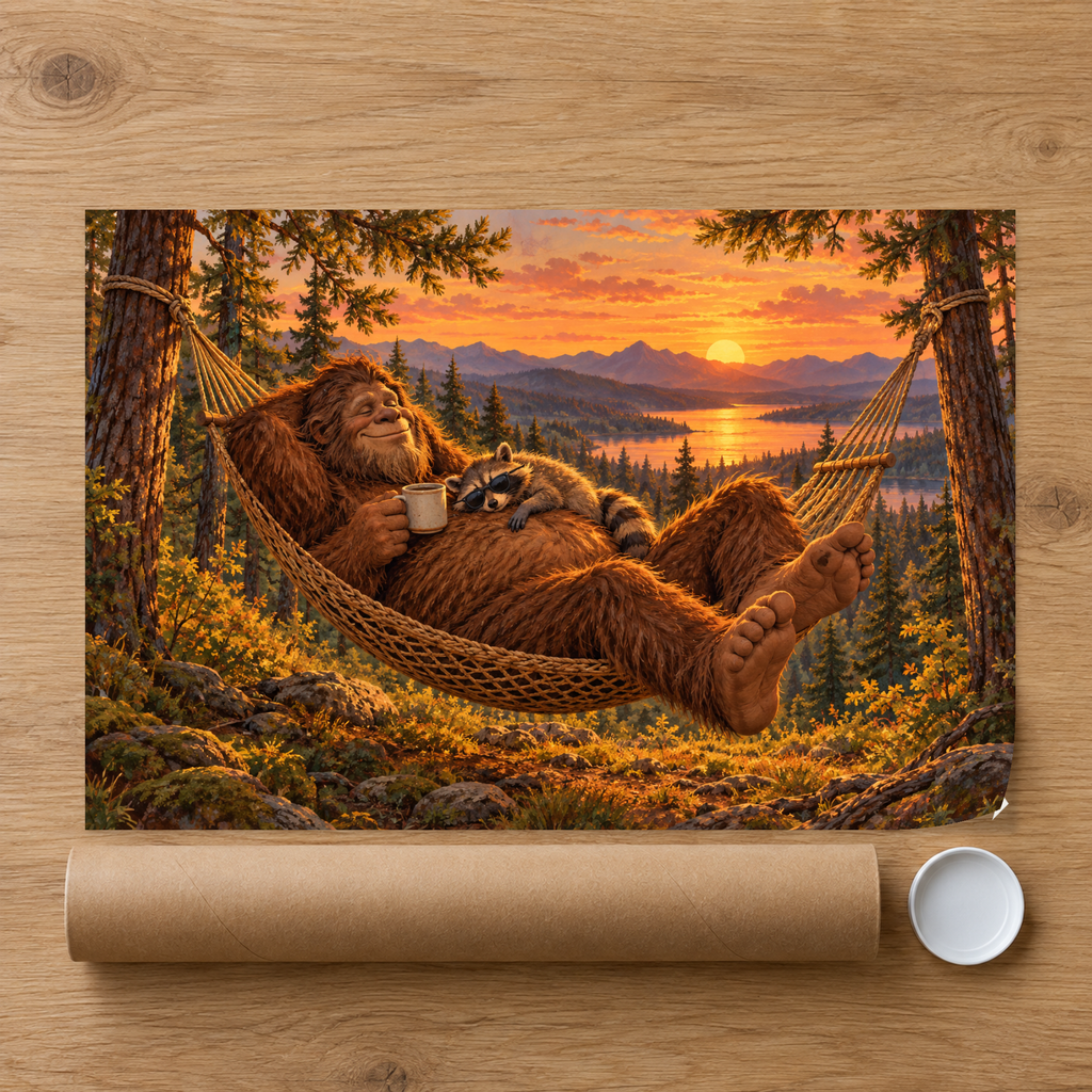 Bigfoot & Raccoon Hammock canvas wall art — 07 poster
