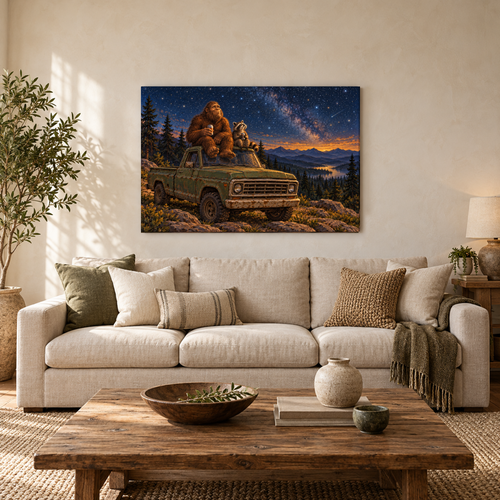 Bigfoot & Raccoon Stargazing canvas wall art — 01 hero