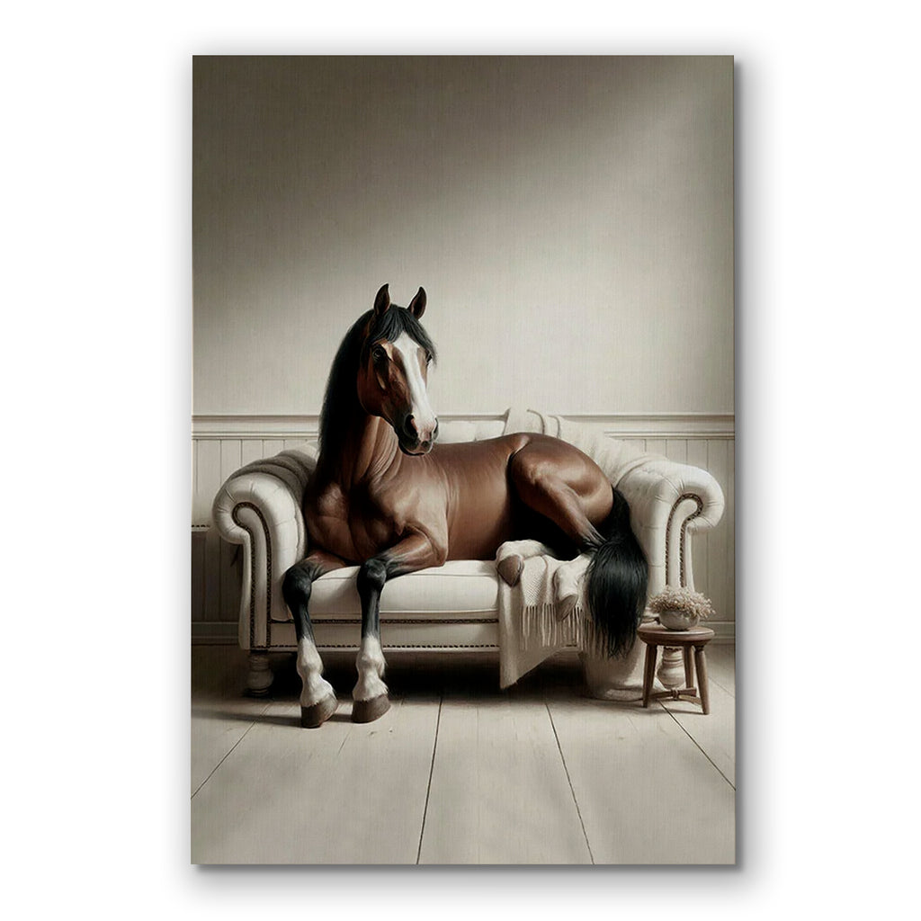 Horse Lounging On Sofa Canvas Wall Art – Funny Animal Decor