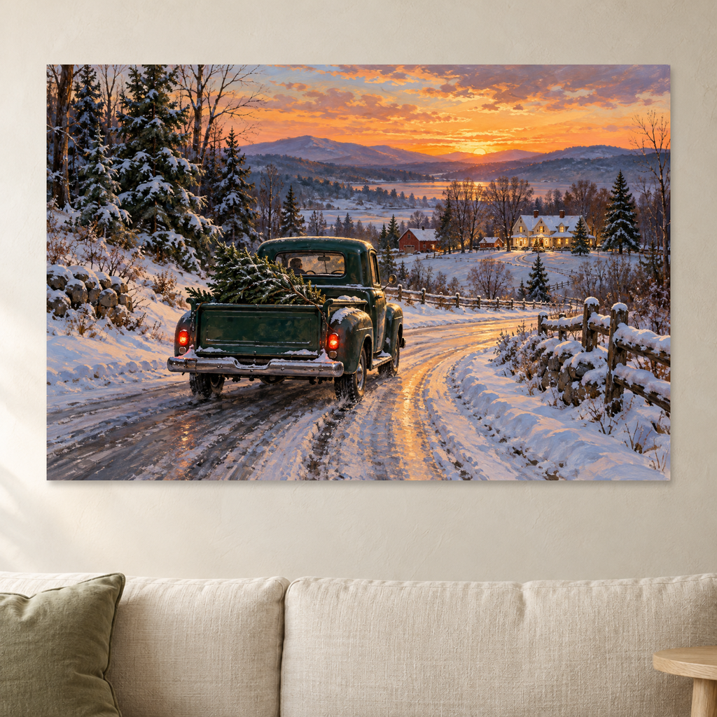 Vintage Green Truck Christmas Tree Wall Art, Snowy Road Sunset Holiday Print, Canvas or Poster