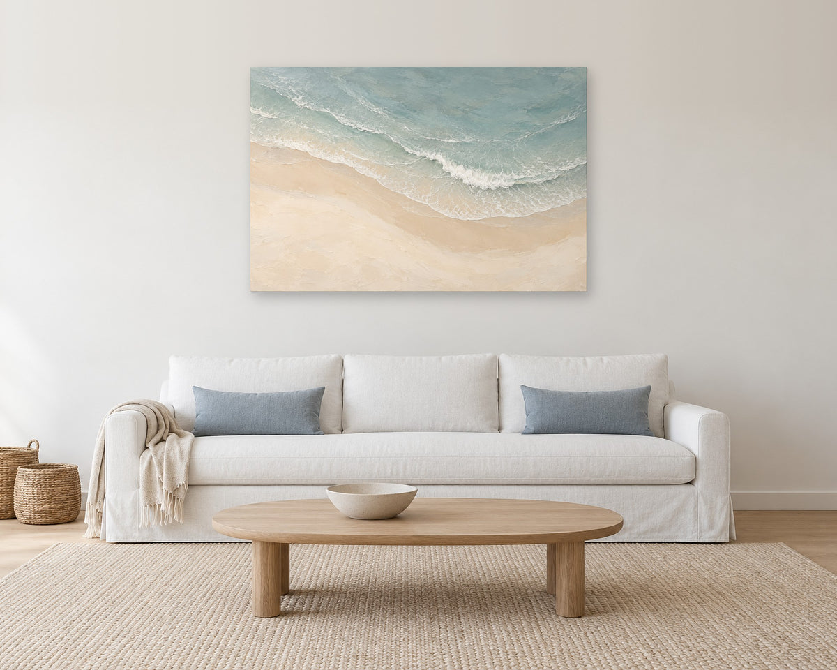 Neutral Coastal Shoreline Wall Art, Aerial Ocean Waves Painting Print, Canvas or Poster